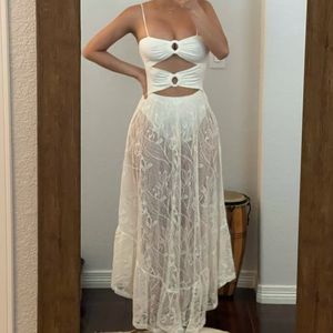 NWOT White Cutout Ruched Lace Maxi Dress